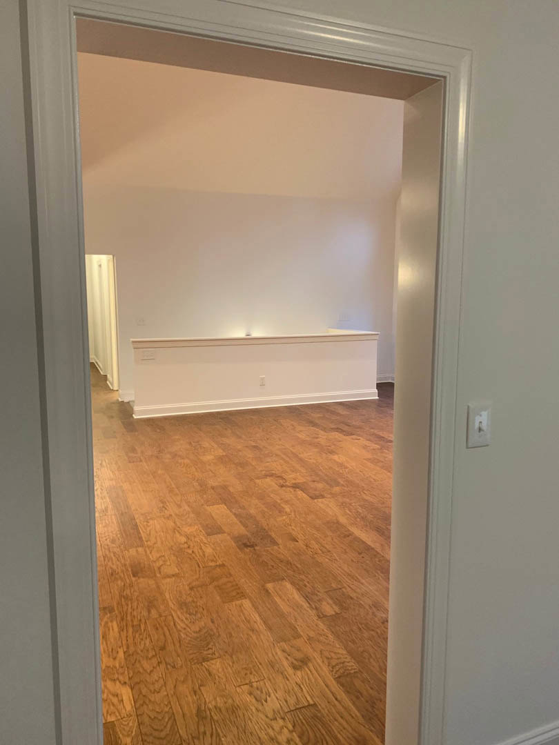 Wood plank flooring, white walls with white baseboards, black trim around doorway, light switch on wall