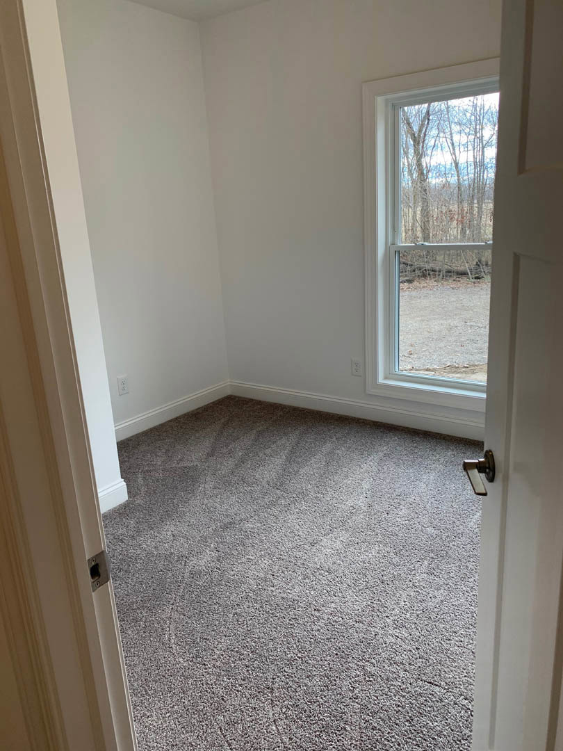 Bright room with beige carpet, white walls, large window overlooking green trees, and modern door handle in foreground