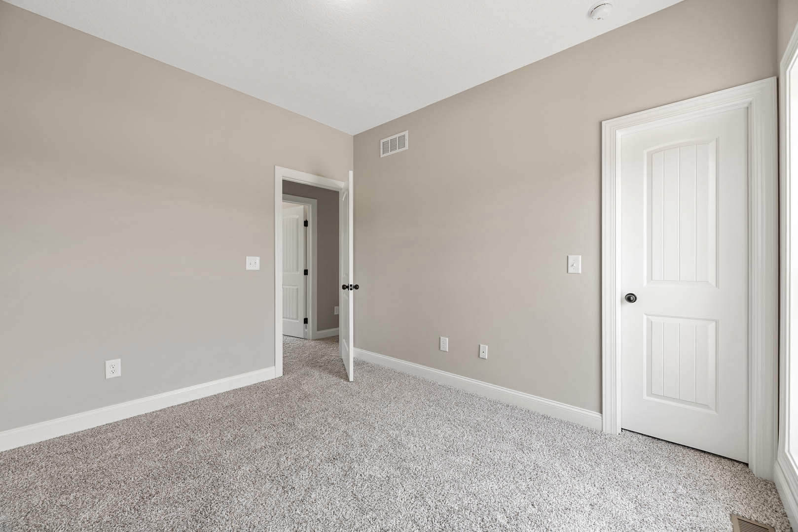 White paneled door with black handle opens onto carpeted floor, white walls with base molding and wall vent visible