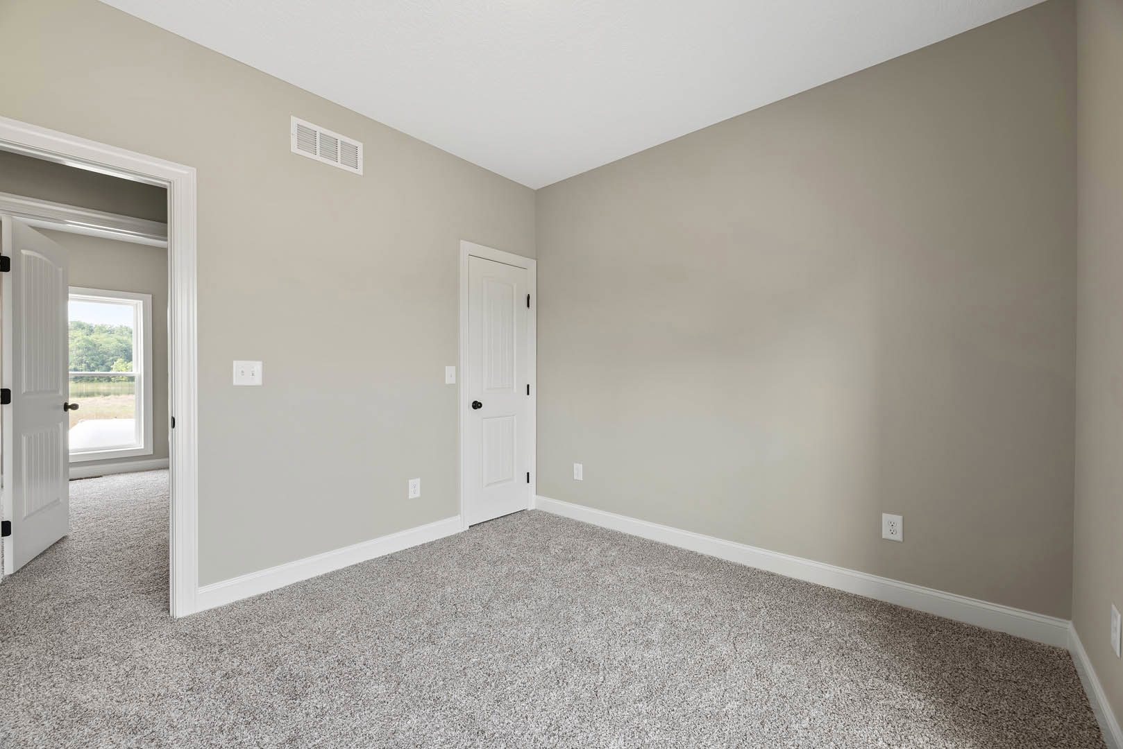 White paneled door with black handle and knobs, beige carpet flooring, white walls, wall outlet with two switches, rectangular wall vent, forest view through door window