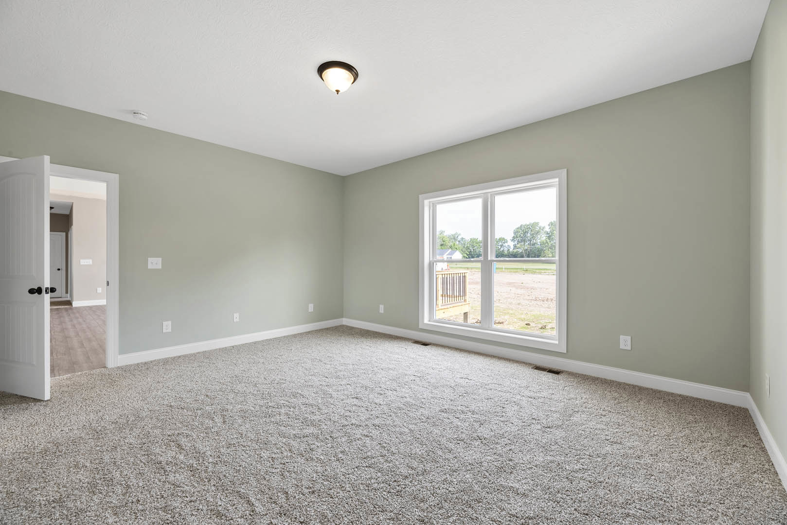 Carpeted room with white walls, large window overlooking field and trees, ceiling light fixture, and metal railing visible outside window