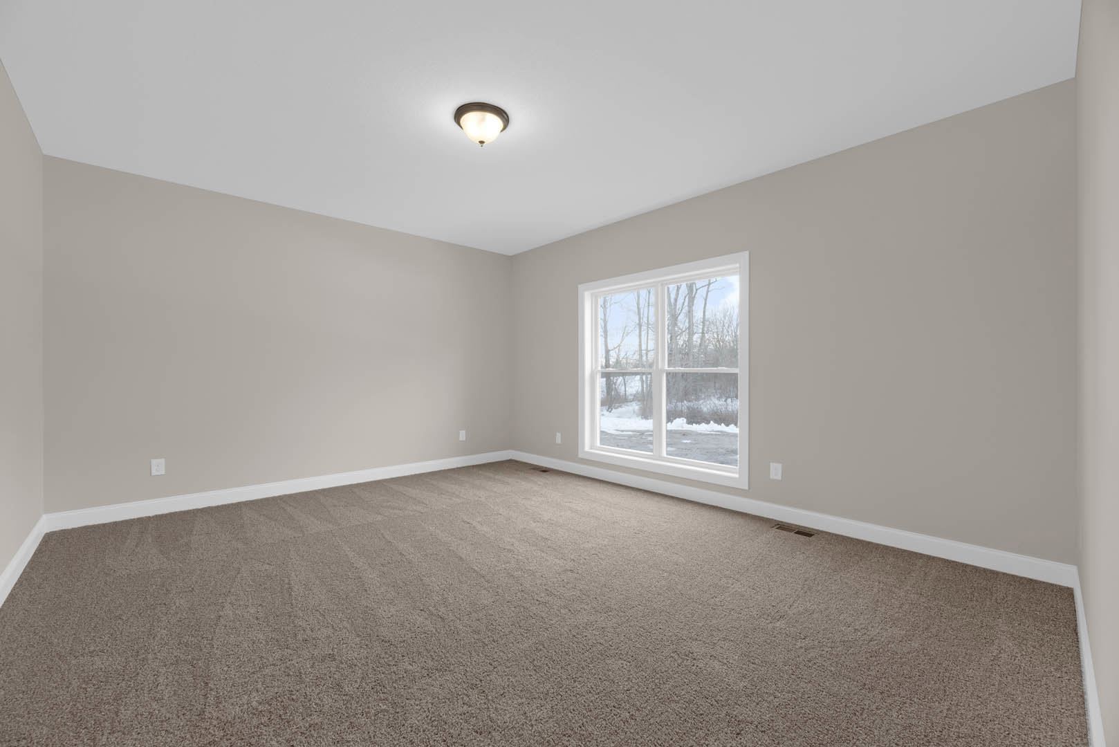 Carpeted room with white walls, black trim, ceiling light fixture, and window overlooking snowy landscape