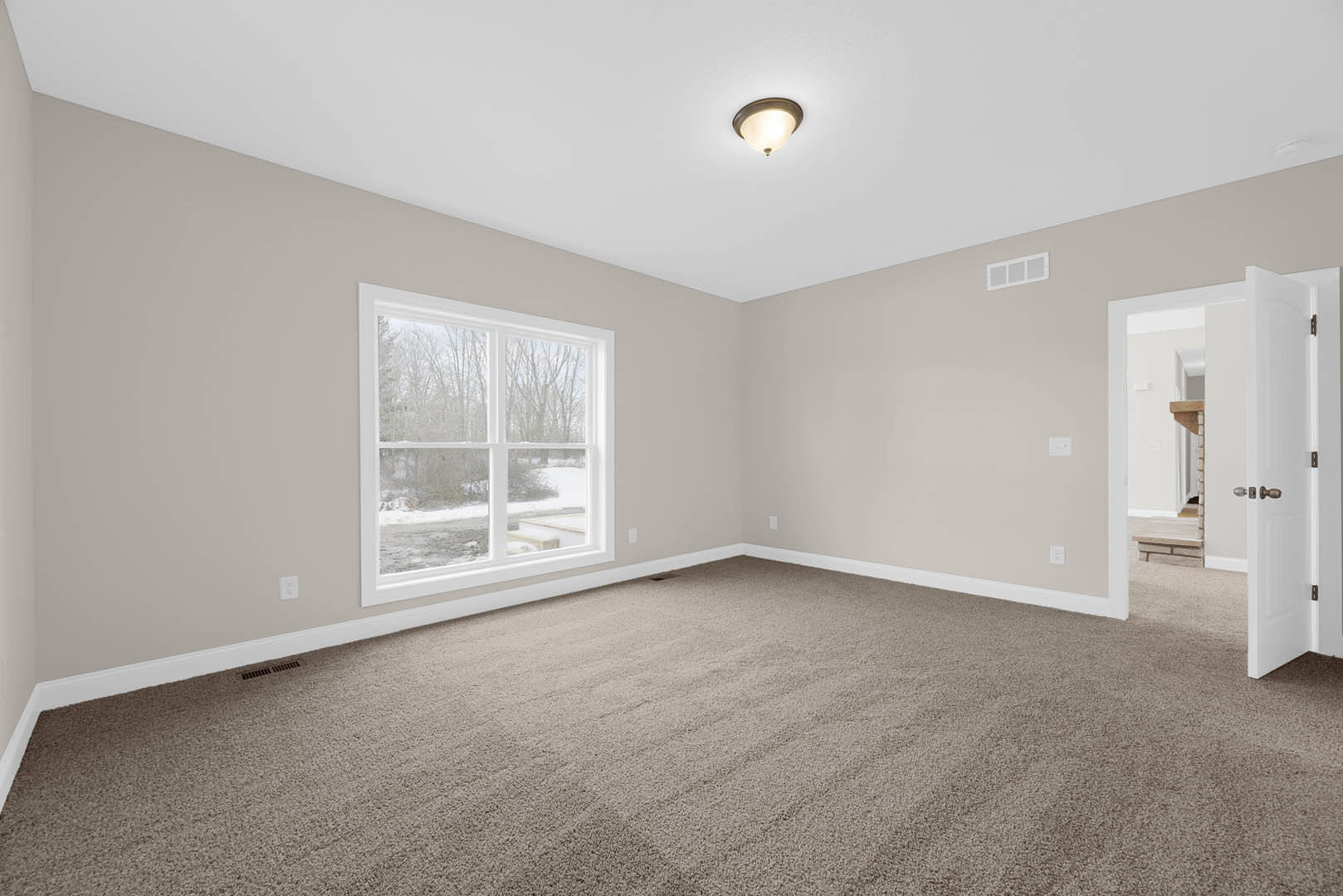 Carpeted room with a large window overlooking snowy landscape, white walls, ceiling light fixture, and a closed door
