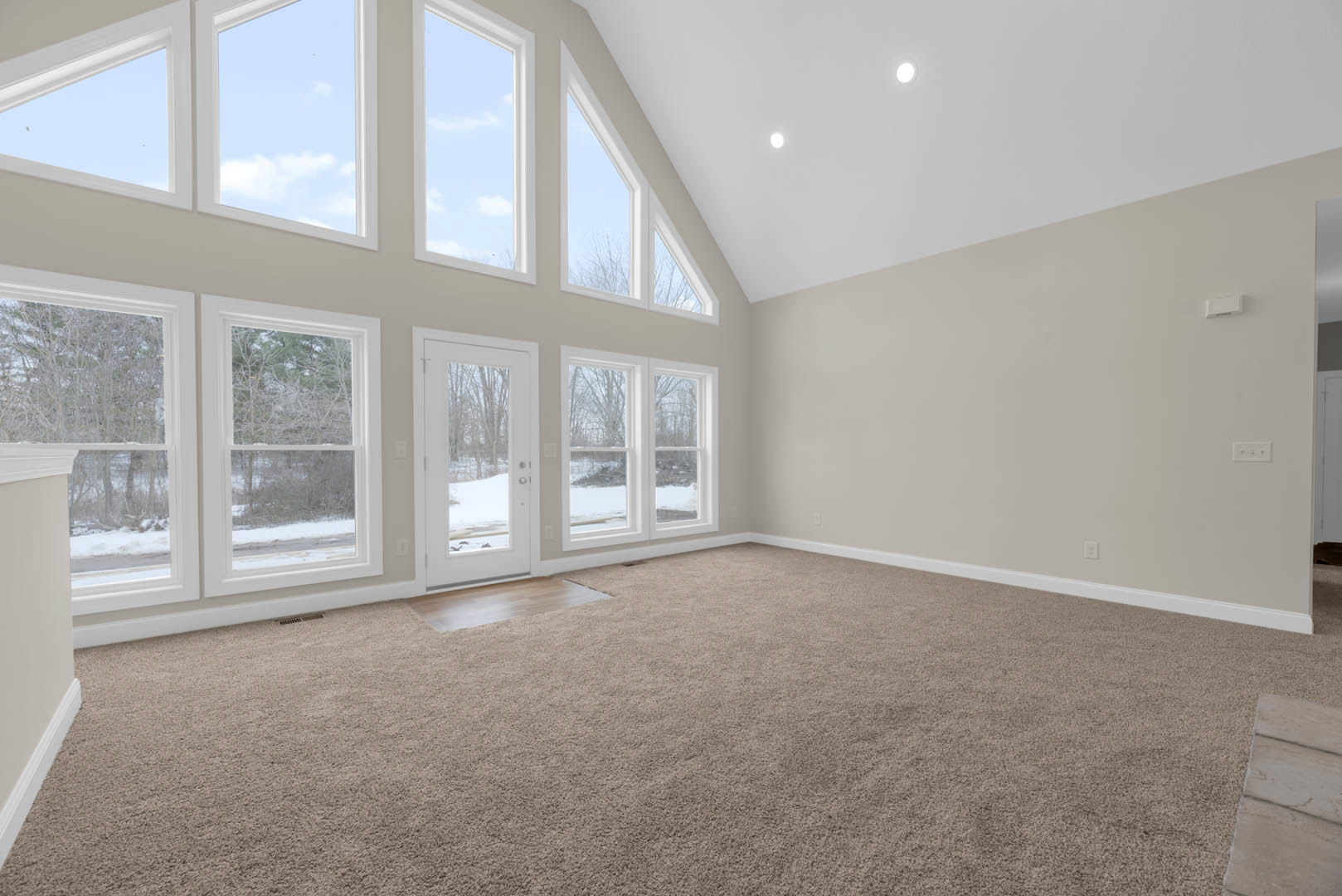 Spacious room featuring multiple windows, light-colored carpet flooring, white walls with crown molding, and a wooden door offering a snowy outdoor view