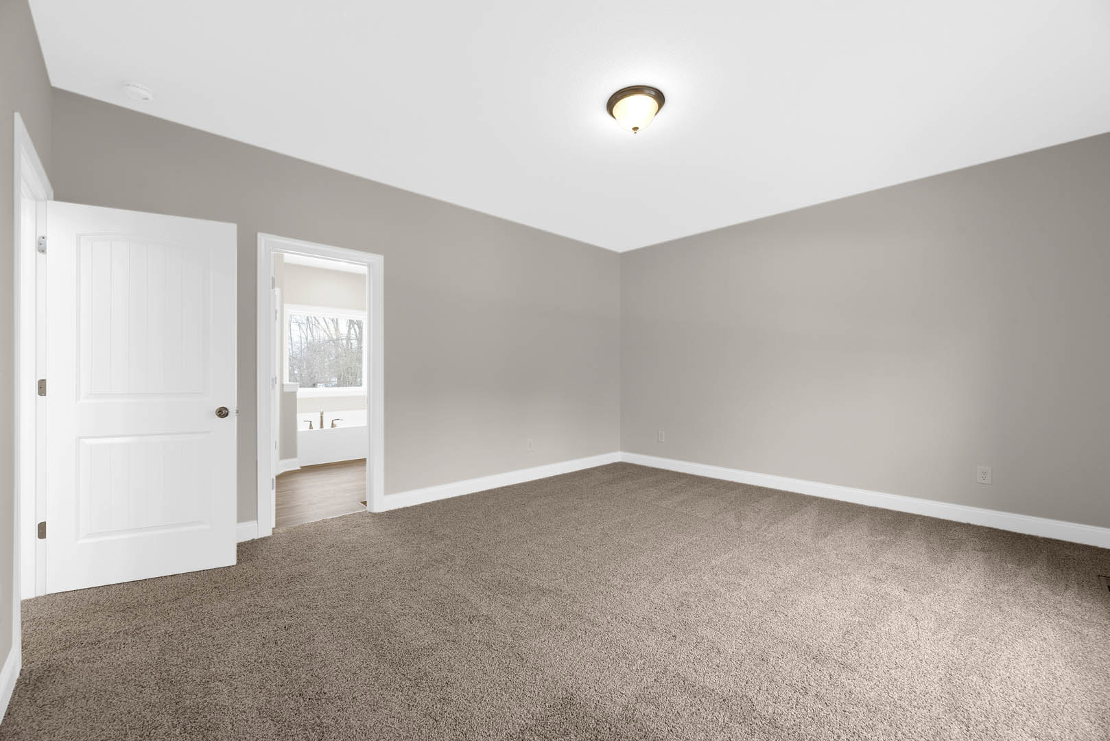 White carpeted bedroom with a white door featuring a silver handle, ceiling light fixture, and window overlooking green trees.