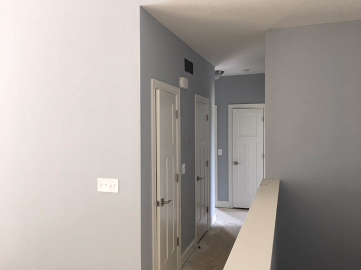 Hallway with white paneled doors, white railing, light-colored walls, and wood flooring