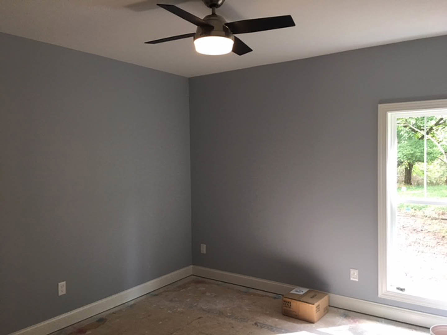 Neutral-toned room with plaster walls, ceiling fan and light fixture, white baseboard, window overlooking leafy tree, and scuffed floor.