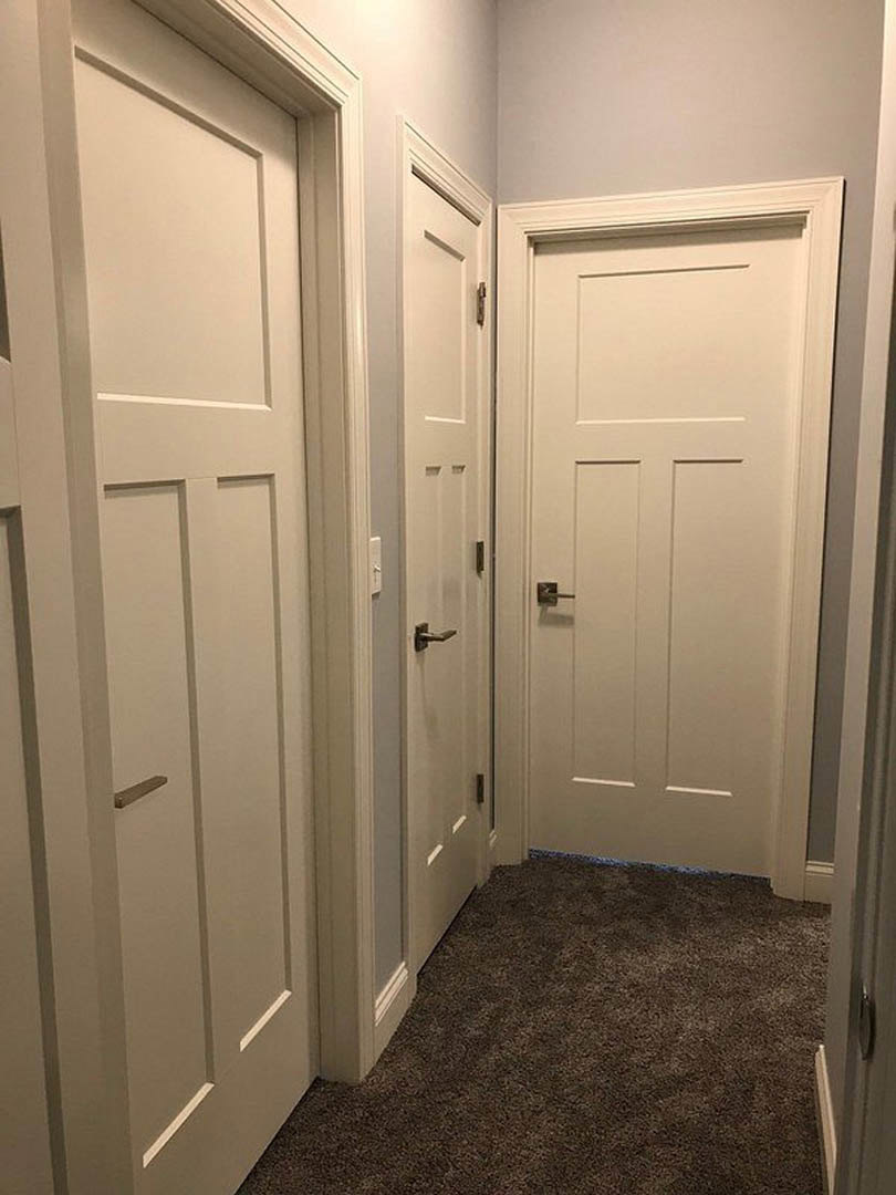 Hallway with multiple white paneled doors, carpeted floor, white walls, and metal door handles