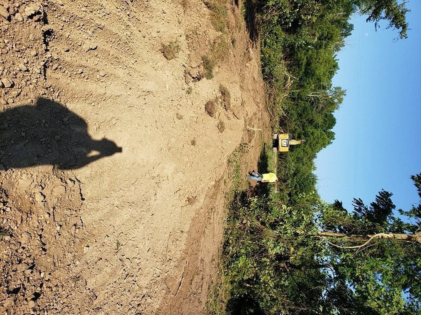 Shadow of a person cast on a dirt field with blue sky and trees in the background