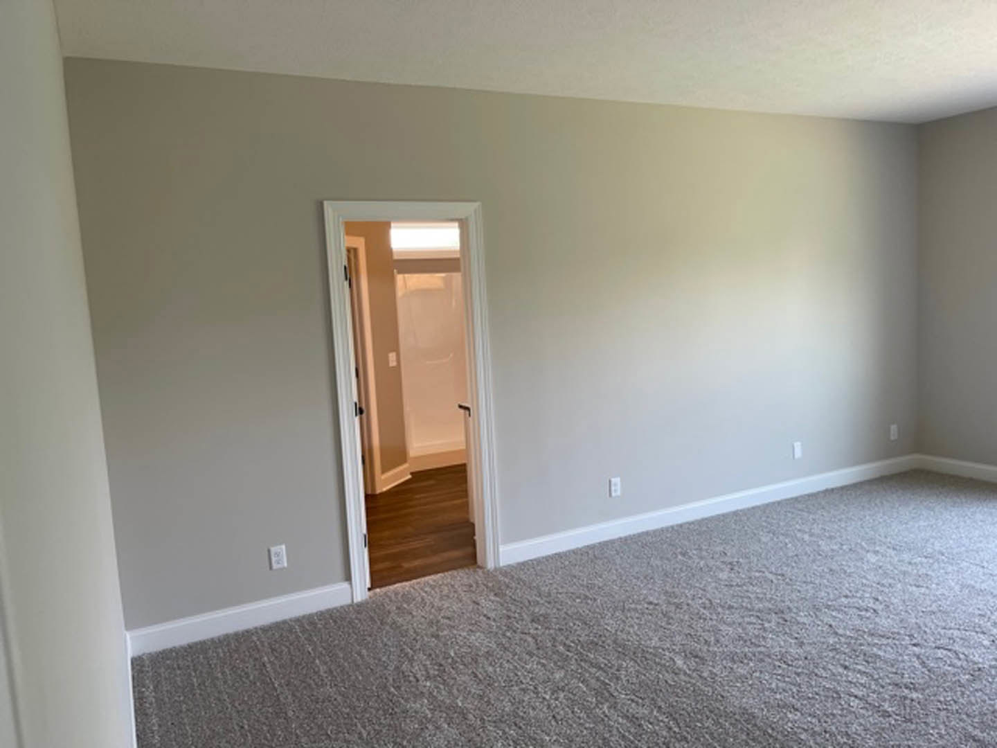 Open doorway leading from wood laminate flooring to carpeted room, white walls with brown trim, residential interior.
