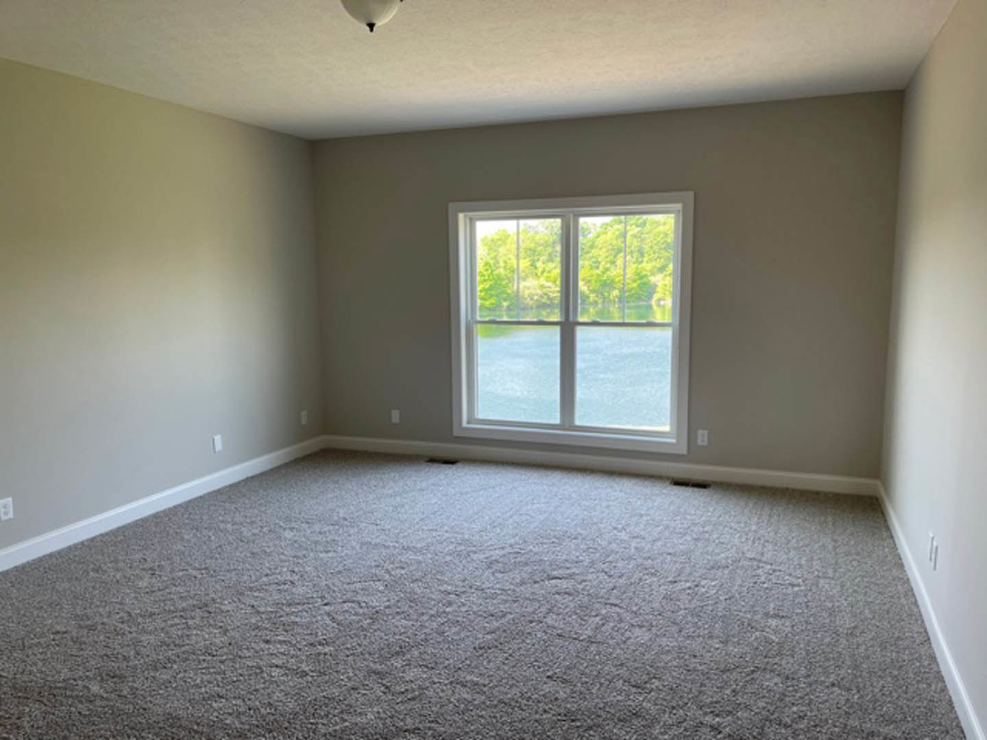 Carpeted bedroom with large window overlooking leafy trees, white walls, and natural daylight illuminating the space.