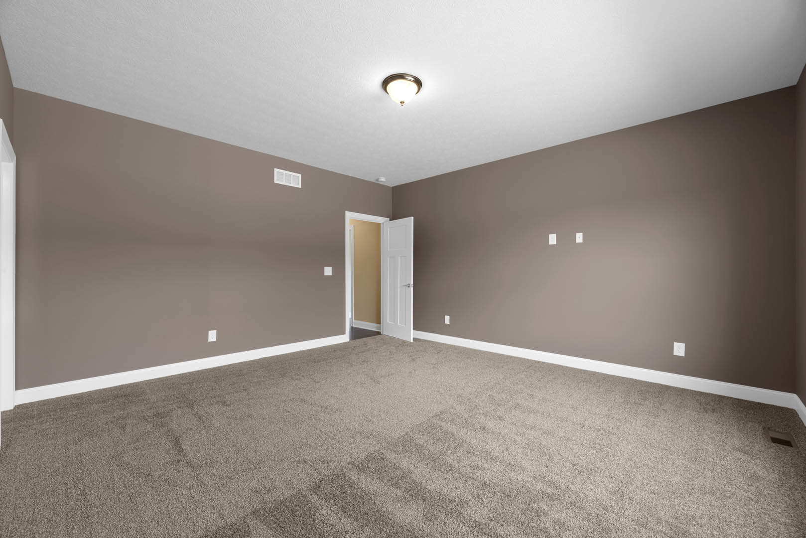 Carpeted room with white door open, silver handles, white walls, ceiling light fixture, and simple molding