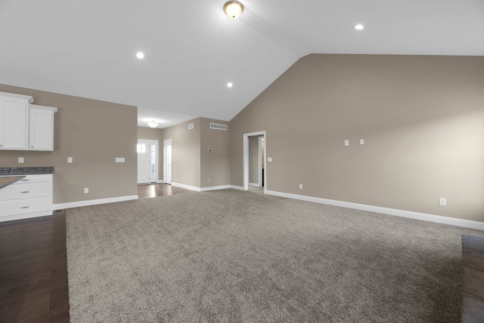 Spacious room with beige carpet and walls, open doorway, ceiling light fixture, white wall with light switch, wood flooring, and white cabinetry drawer