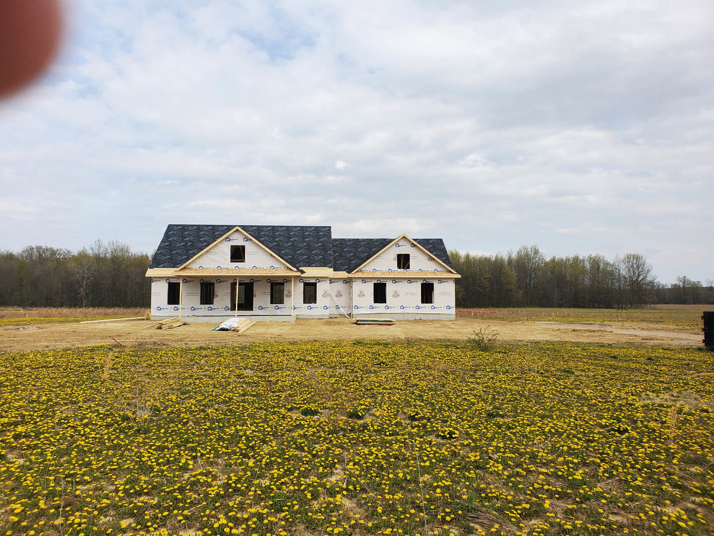 Partially built house with black roof surrounded by dense yellow wildflowers in a rural field under a cloudy sky