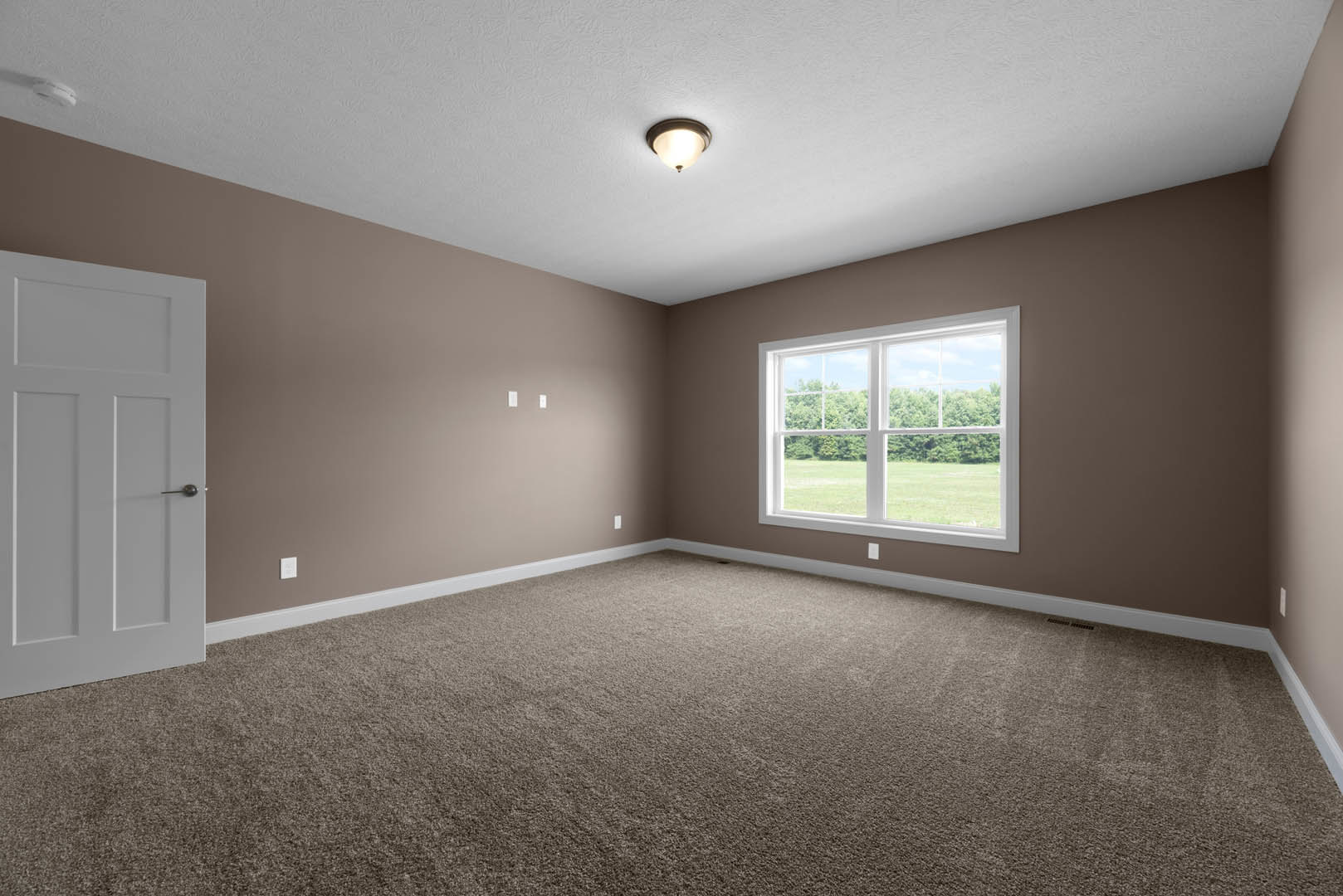 Neutral-toned carpeted room with white walls, large window overlooking green trees, white paneled door, ceiling-mounted light fixture, and simple crown molding