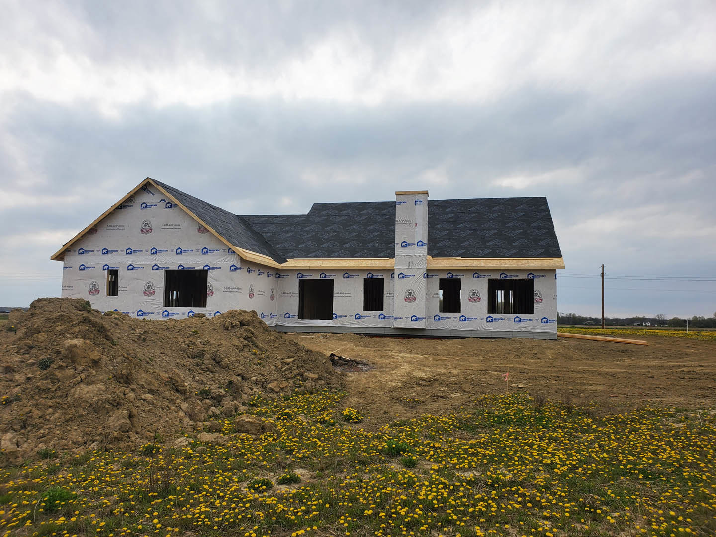 Partially built farmhouse with exposed framing, black front door with blue lettering, pile of dirt in foreground, scattered dandelions and wildflowers, cloudy sky overhead