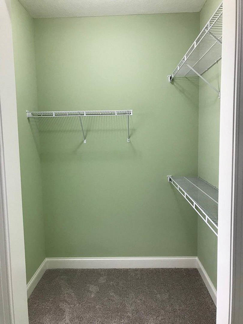 Walk-in closet with white shelves, clothes rack, and light-colored carpet flooring against white plaster walls