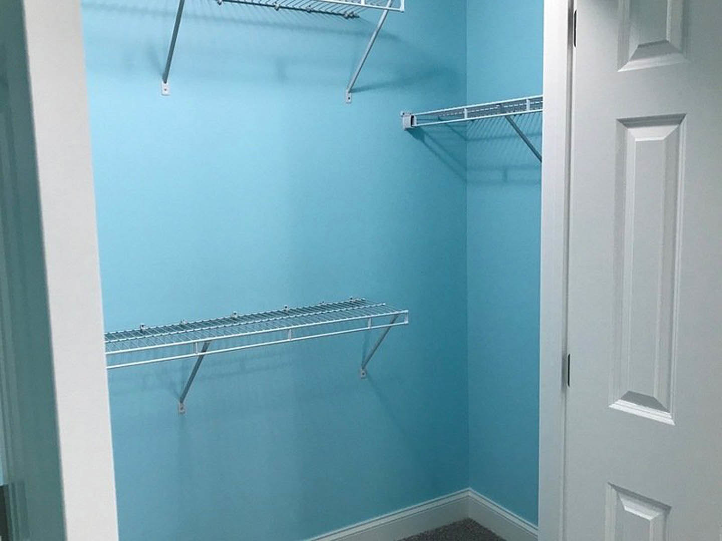 White closet door with chrome handle, built-in wire shelving against blue wall, indoor residential space