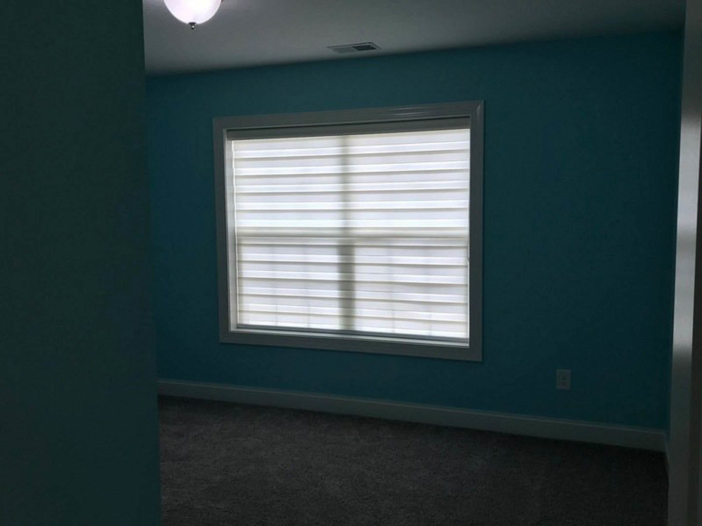 Large window with white blinds, beige plaster walls, ceiling light fixture, white electrical outlet, and textured carpet flooring