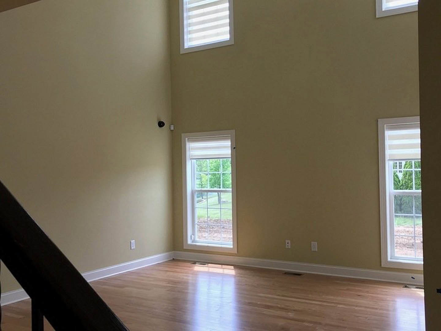 Sunlit room featuring large white-framed windows, natural hardwood flooring, and neutral walls
