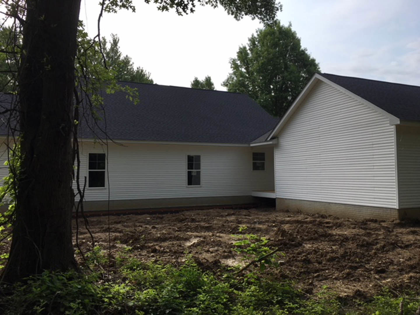 Two-story home with gray siding and white-framed windows, surrounded by mature trees and patches of dirt with scattered plants