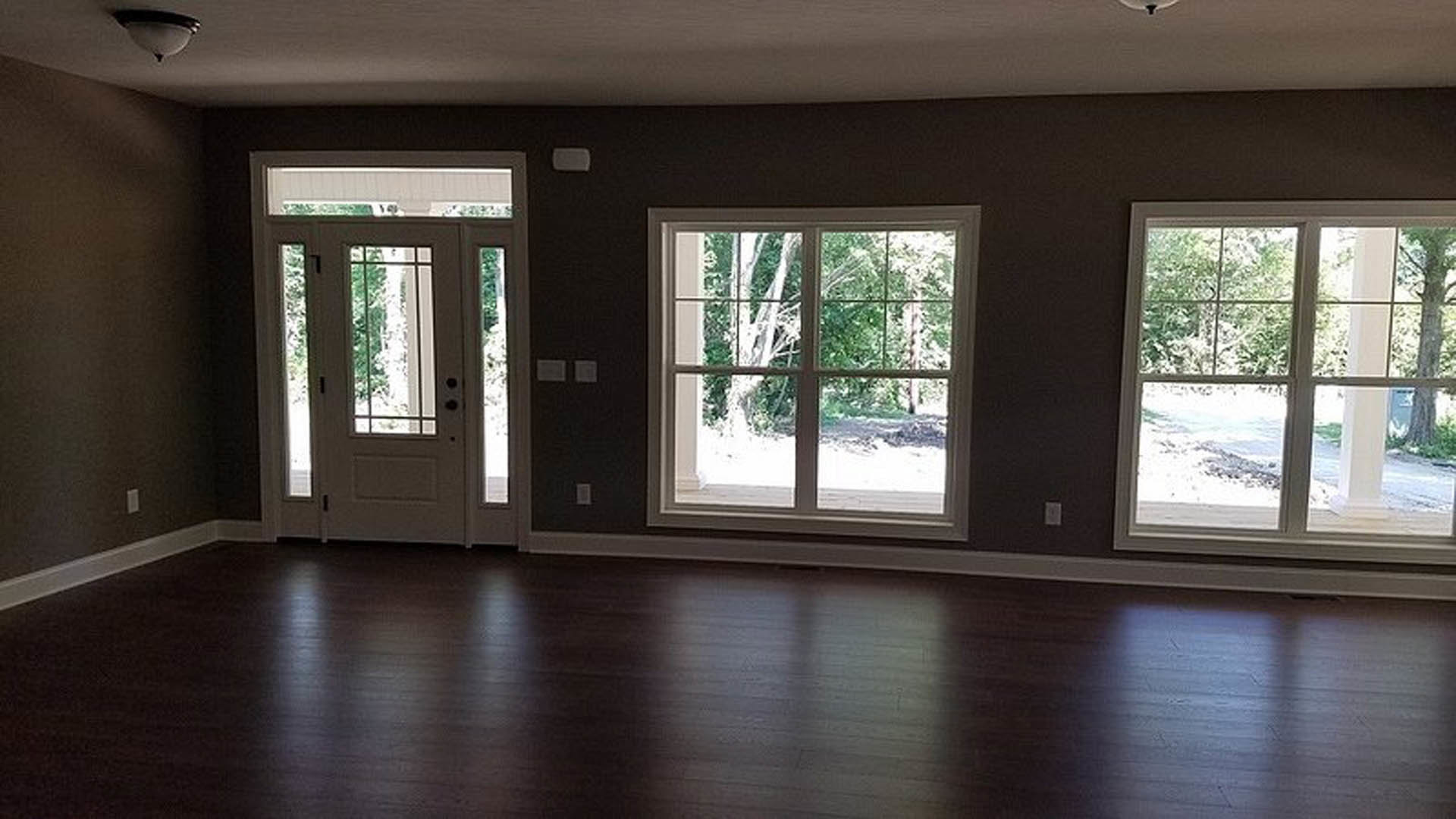 Living room with dark wood flooring and white trim, white-framed windows showing trees outside, and a door with matching white border