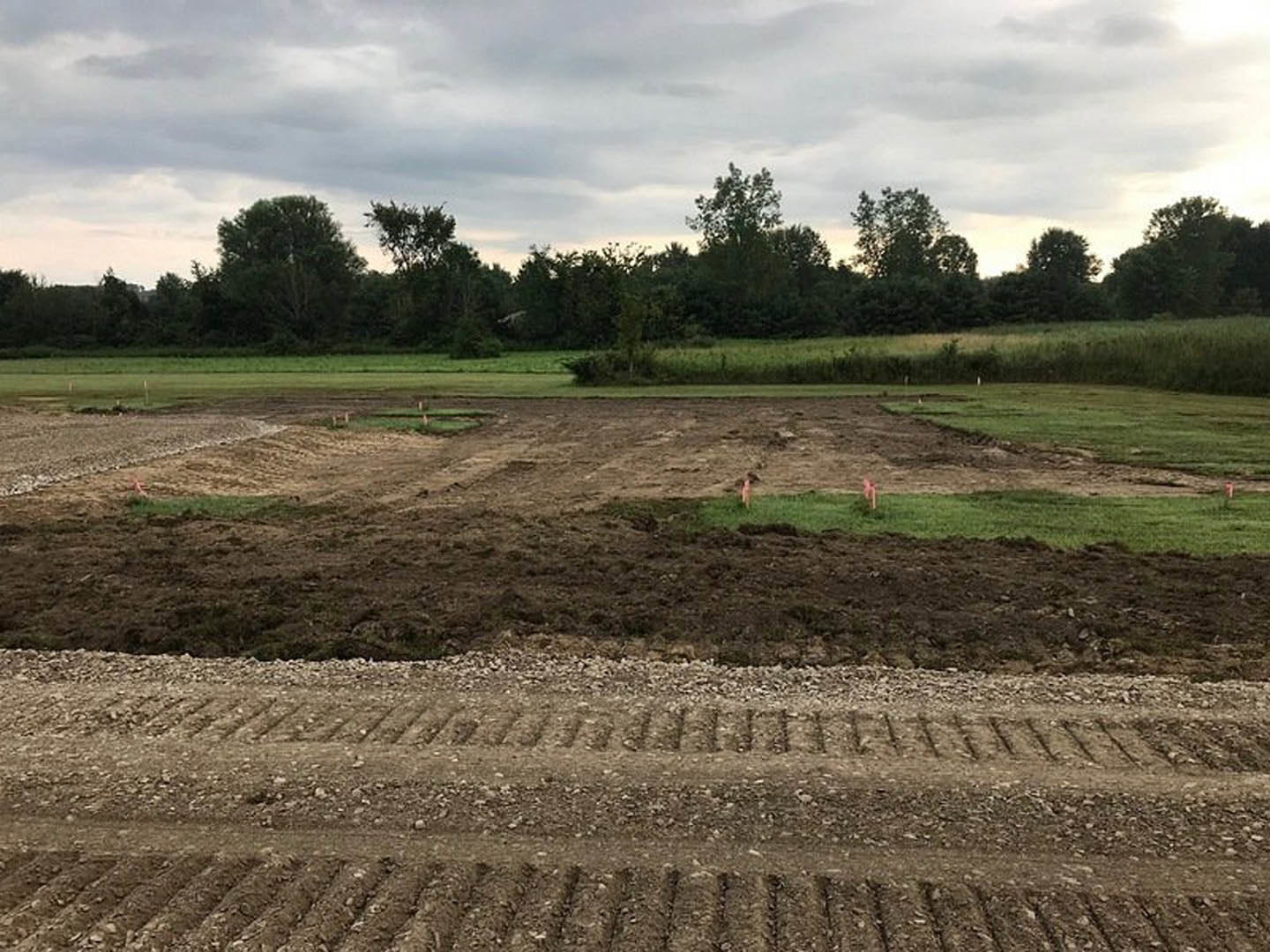 Dirt field bordered by leafy trees under a cloudy sky