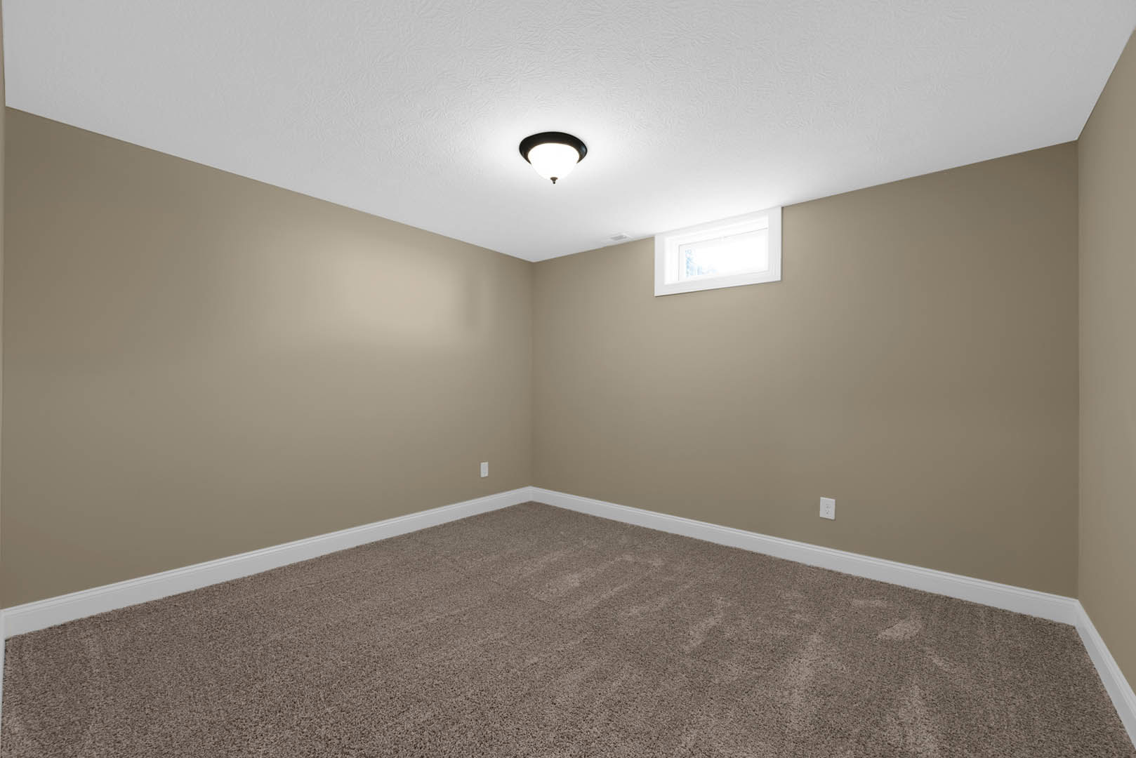 Neutral-toned carpeted room with white walls, large window, and flush-mounted ceiling light fixture