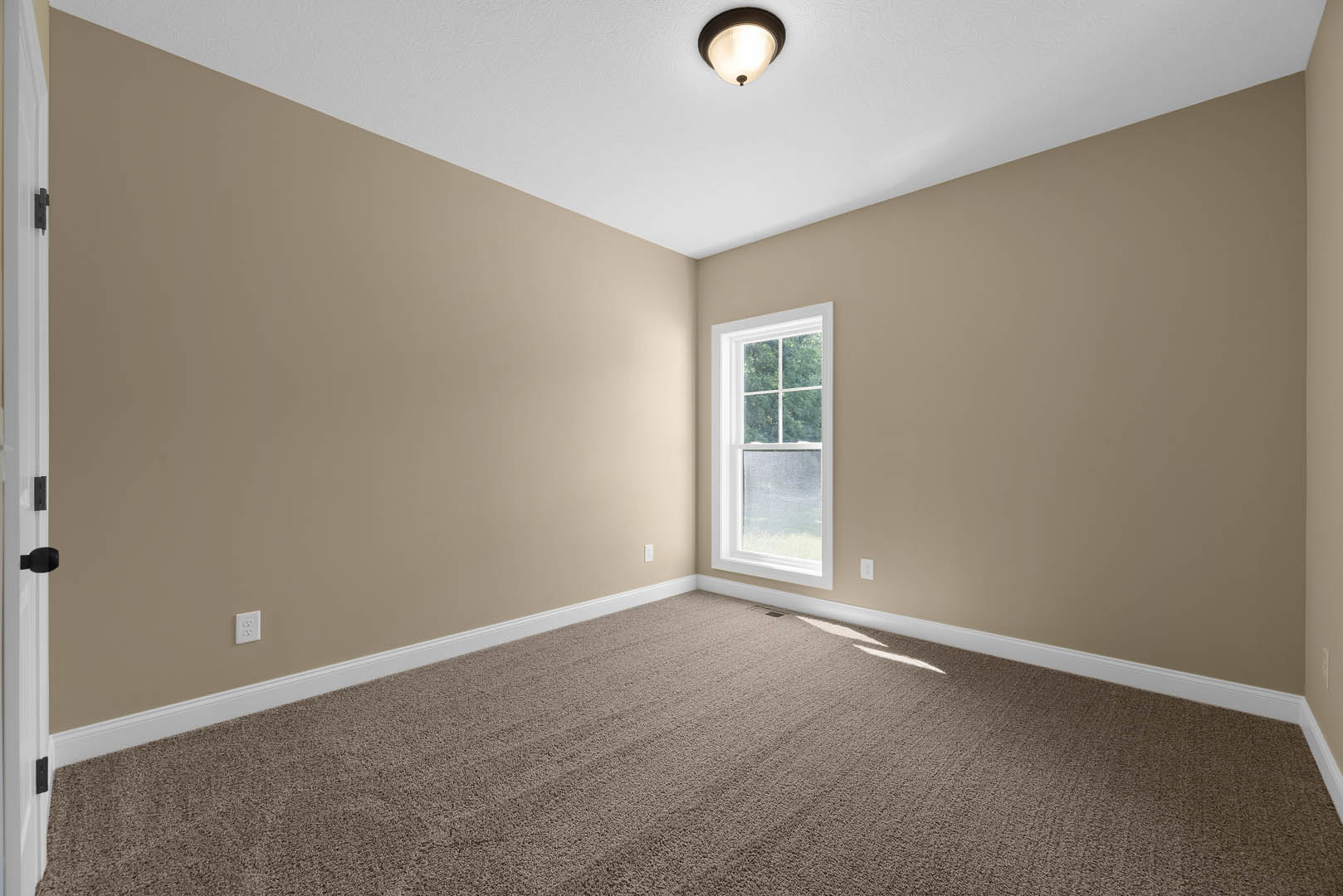 Carpeted room with white walls, large window with white frame, white door with black hinges, ceiling light fixture, and simple molding.