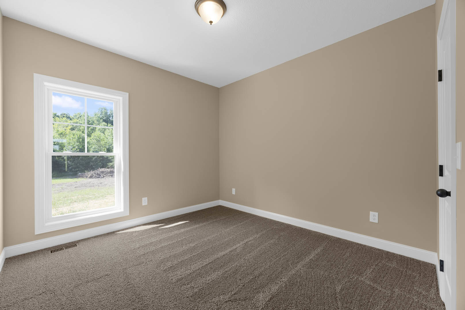 Neutral-toned carpeted room with white walls, ceiling light fixture, large window framed by molding, and view of green trees outside