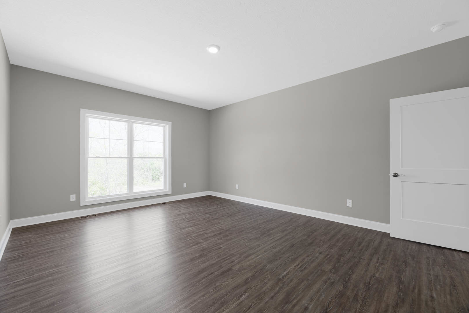 Room with hardwood flooring, white plaster walls, ceiling light fixture, large window overlooking trees, and white door with silver handle