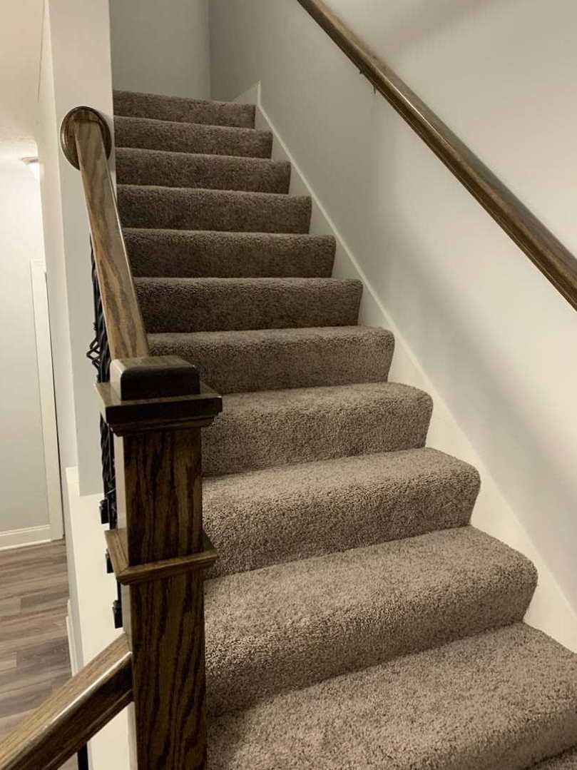 Carpeted staircase with wood pillar and metal railing, adjacent to wood flooring and white door