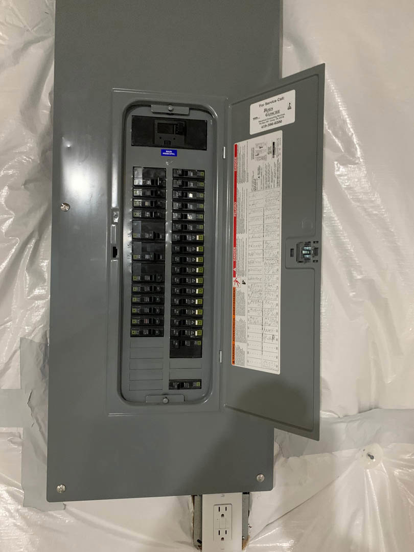 Grey electrical panel with open door, black switches visible, mounted on white wall with handwritten notes on nearby board