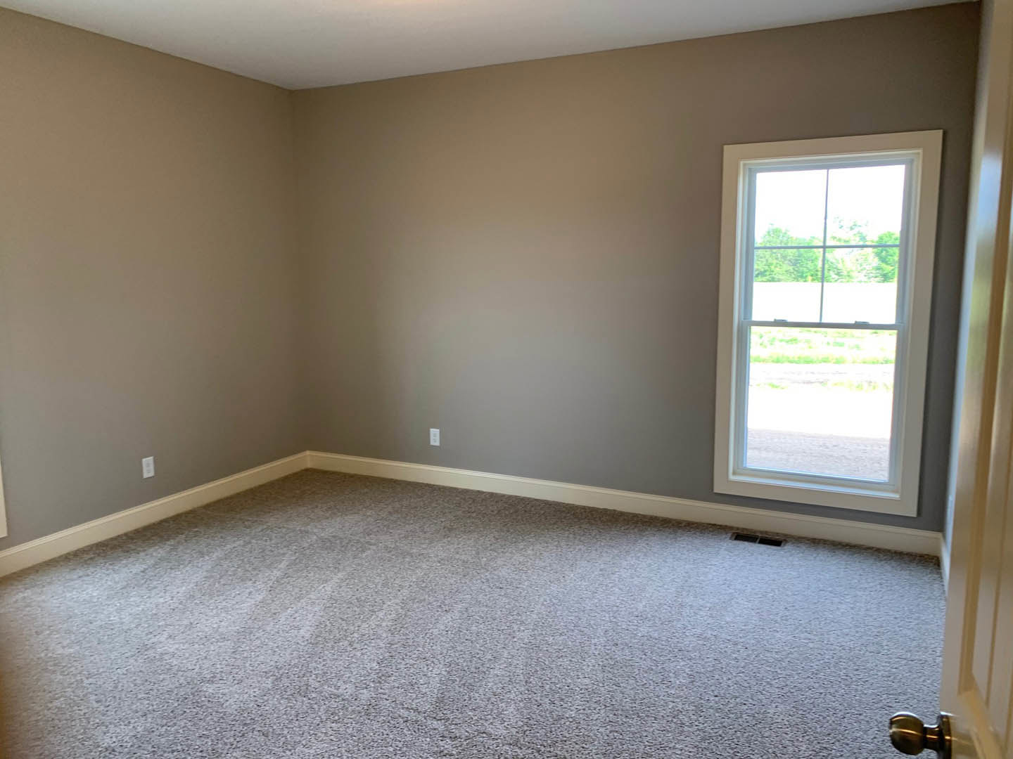 Carpeted room featuring a large window with a view of trees, white plaster walls, and wood trim.