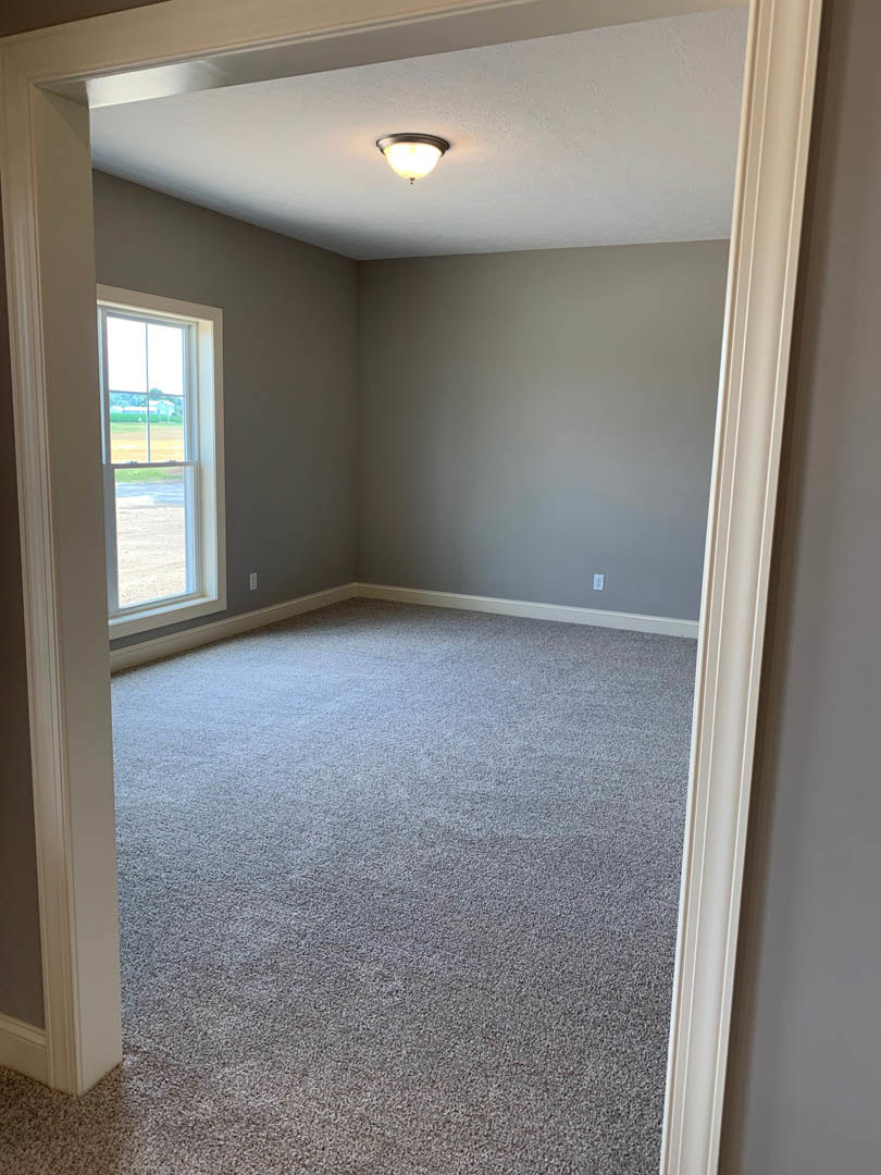 Carpeted room with open white door, large window overlooking grassy field, ceiling light fixture, plaster walls, and laminate flooring near entry.