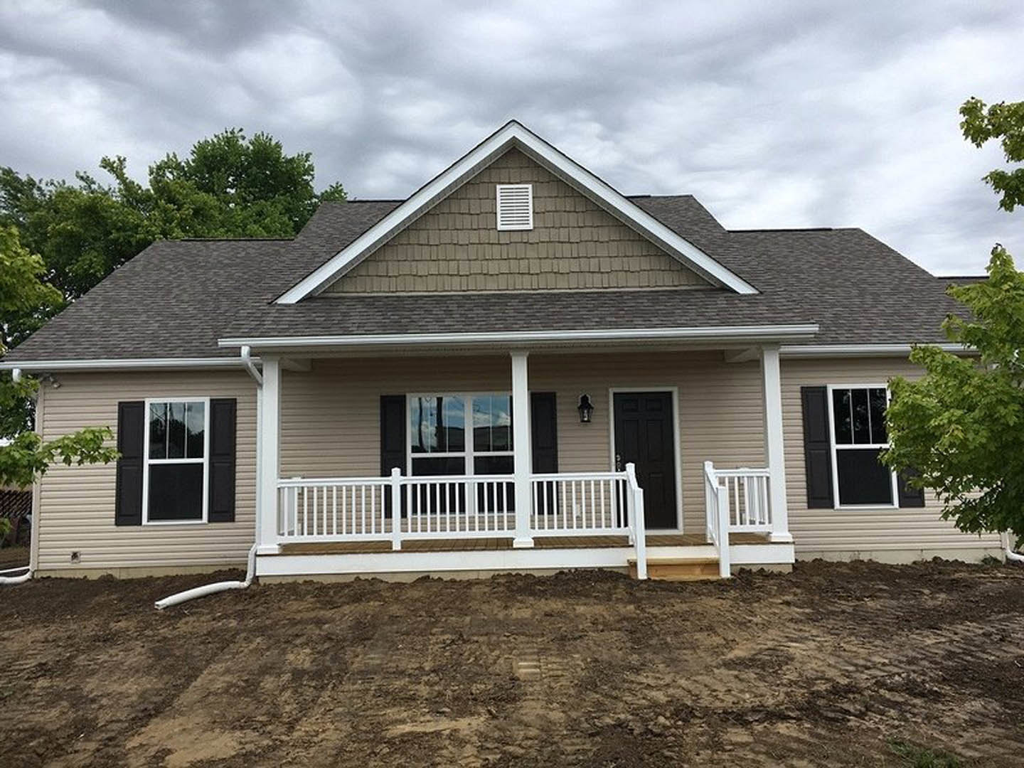 Brick exterior home with covered porch, white railing, black front door, white-framed window, and white vent on wall; trees and cloudy sky in background