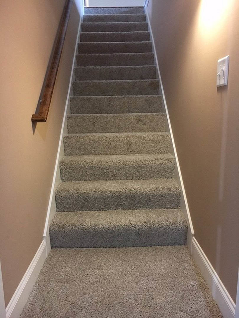 Carpeted staircase with wooden handrail, white walls, and neutral-toned flooring in a residential interior