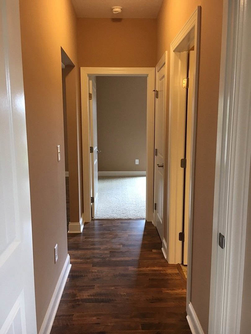 Hallway with white paneled doors, hardwood floor, and soft natural light illuminating the space