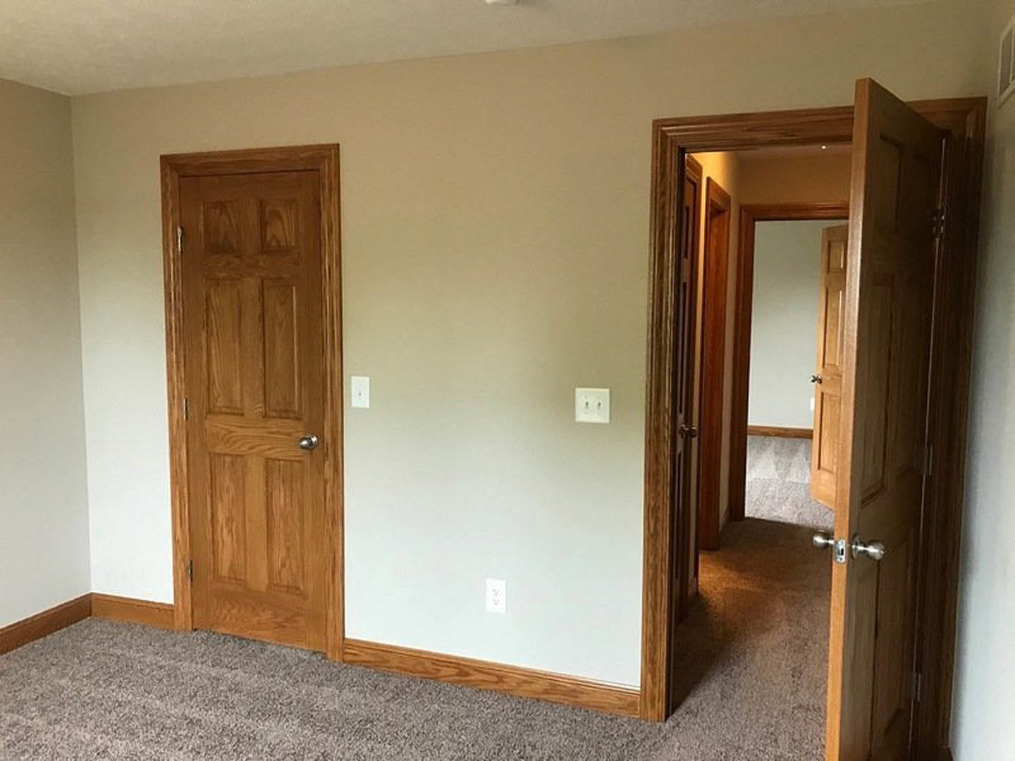 Room with light wood flooring, two open white doors, white walls, close-up of brushed metal door knob, and dual black wall switches