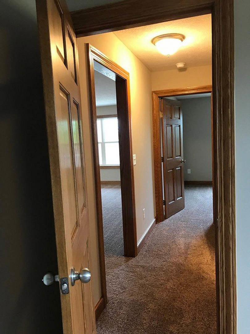 Hallway with neutral carpet, white walls, wood door featuring a round metal handle, and a ceiling-mounted light fixture with a circular frame