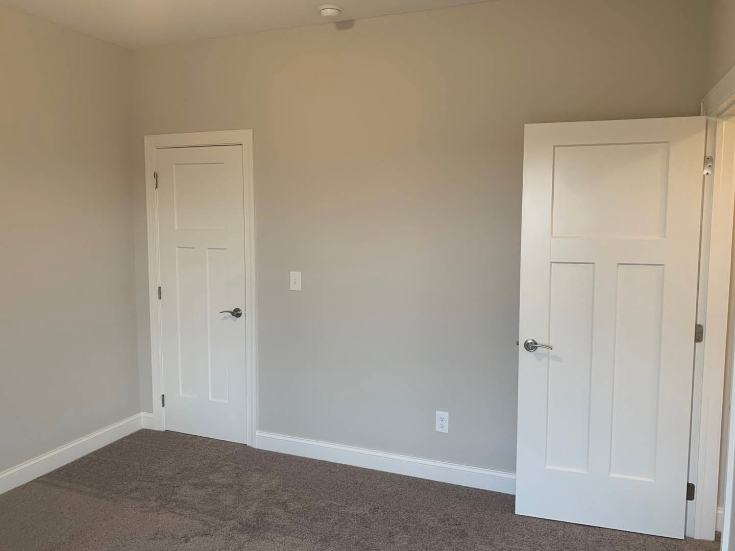 White paneled doors with silver handles set in a room with light carpet flooring, white walls, and black trim