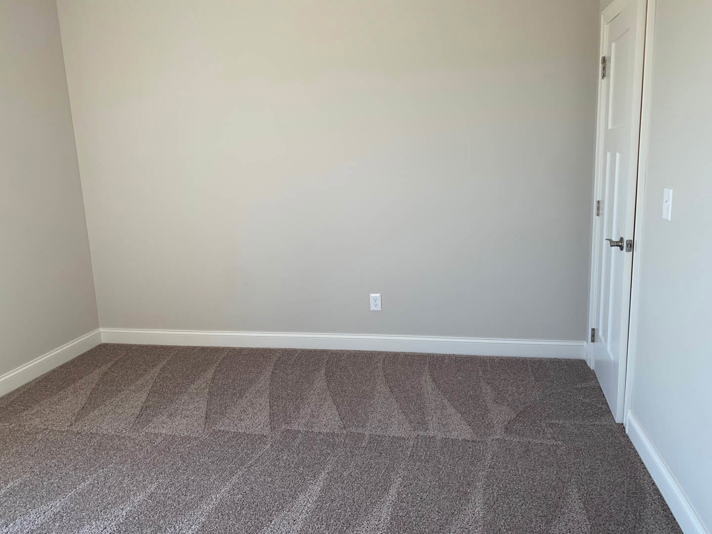 Neutral-toned carpeted floor, white walls with electrical outlet, white door, and black-and-white object in corner of residential room