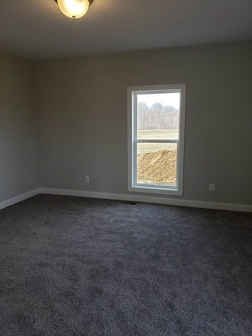 Carpeted room with white walls, ceiling light fixture, large window overlooking dirt pile and trees in the background