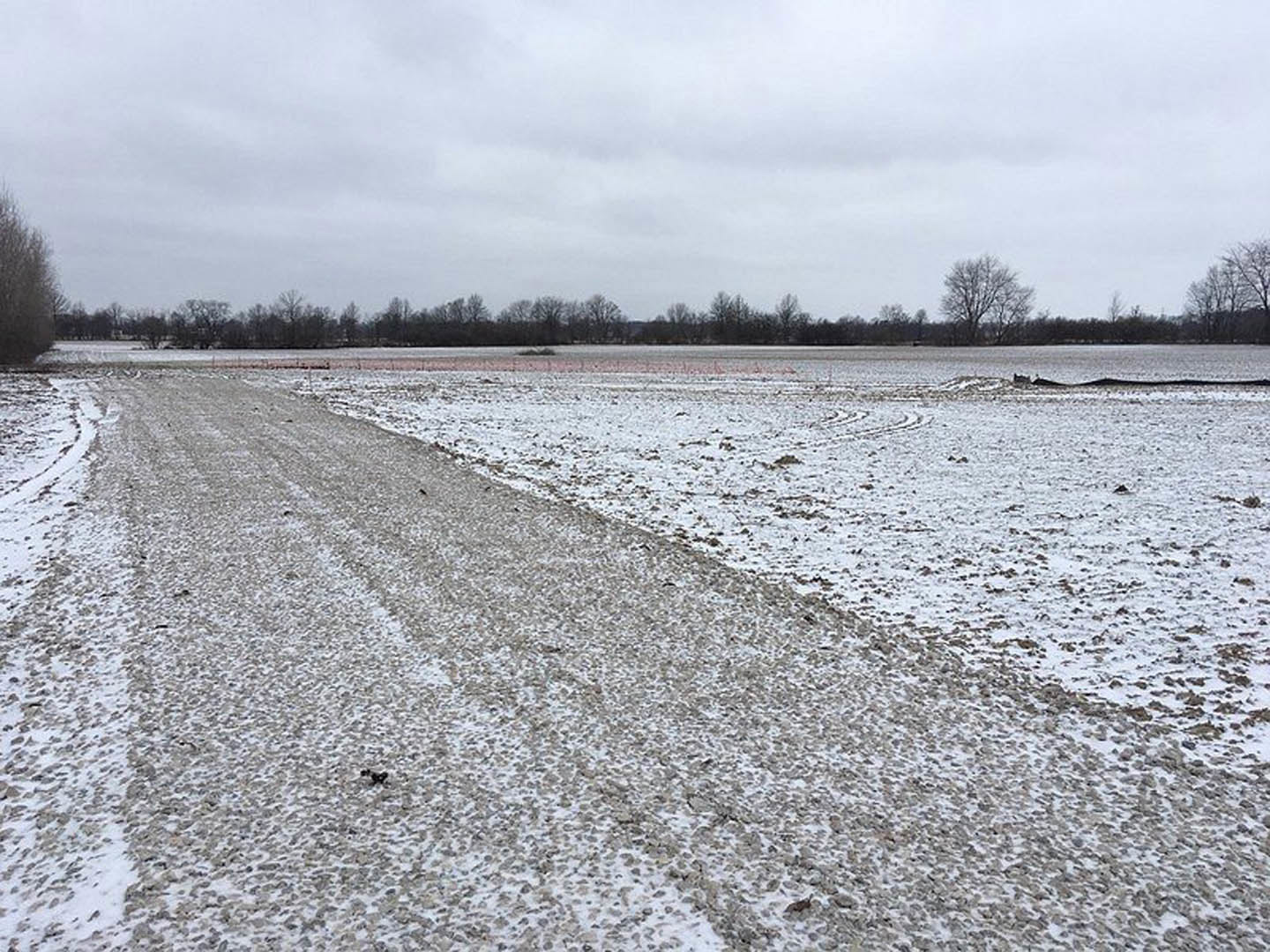 Snow-covered field with tire tracks leading toward leafless trees, cloudy sky overhead, and a partially visible body of water in the background.