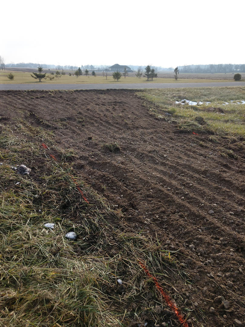 Dirt field with patches of grass under a pale sky, surrounded by open farmland