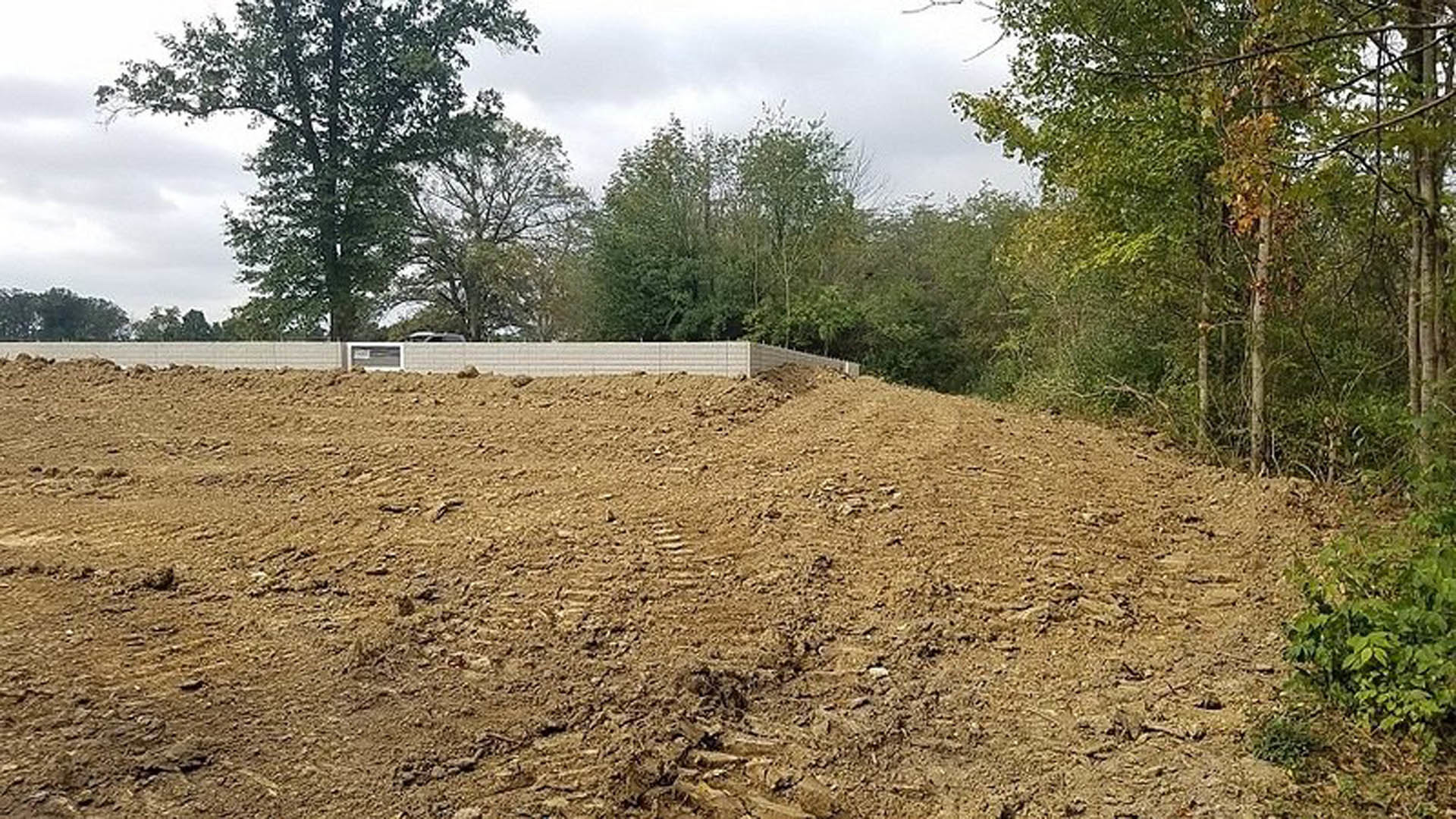 Dirt field bordered by a wooden fence, scattered trees, tire tracks, and cloudy sky