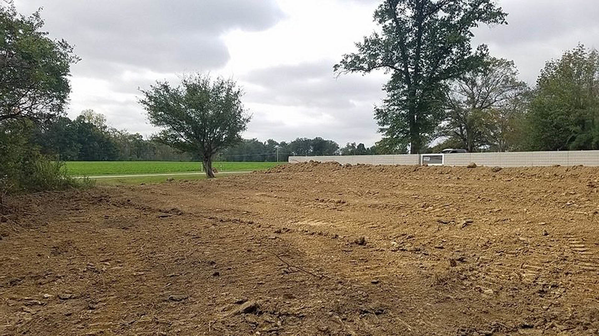 Dirt field bordered by trees and patches of grass under a partly cloudy sky