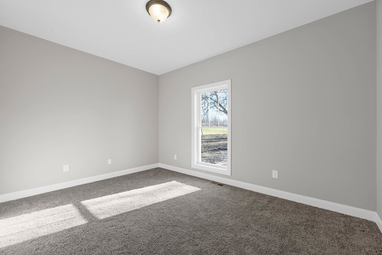 Neutral-toned carpeted bedroom with white walls, large window framing leafy tree view, and flush-mounted ceiling light fixture