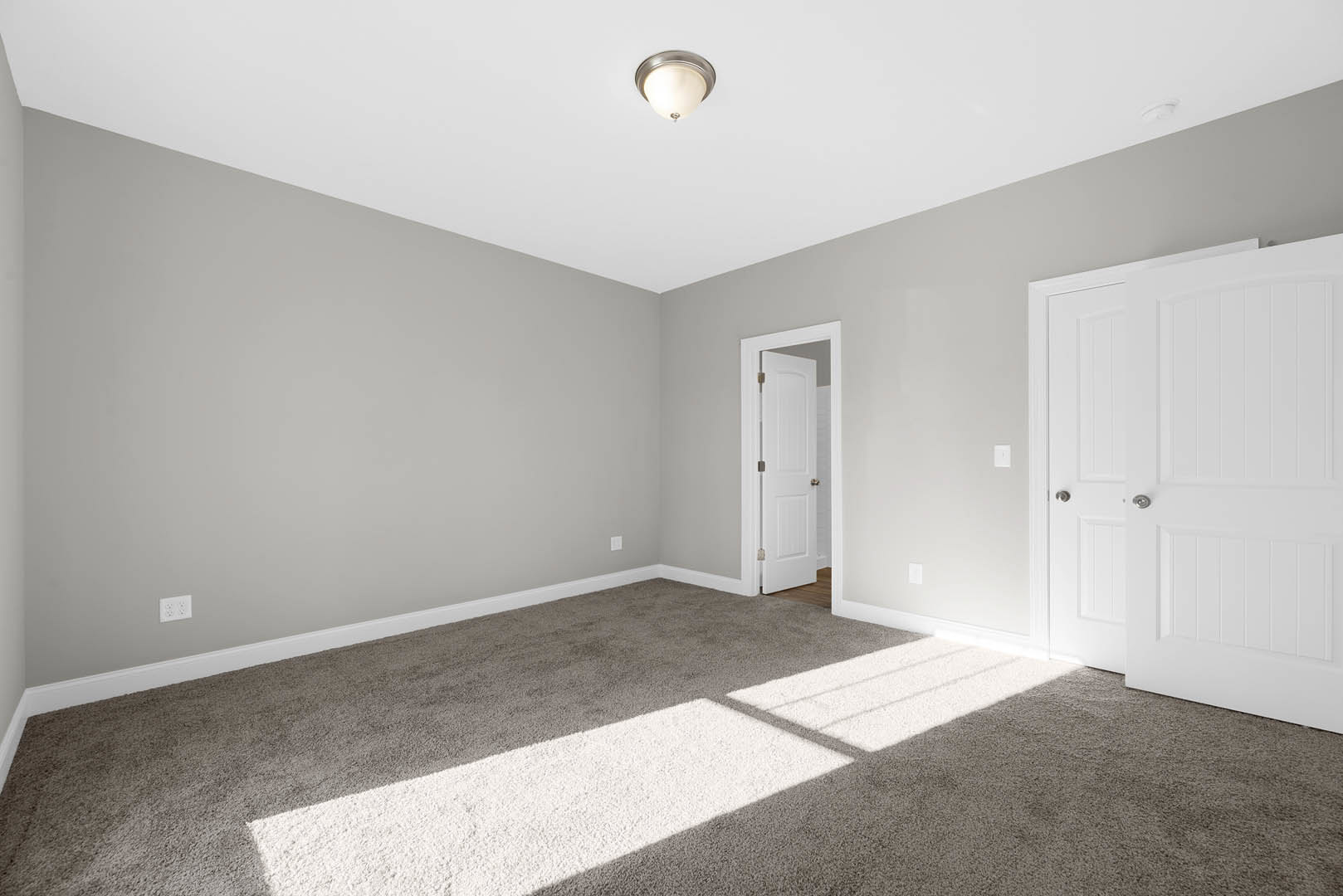 White paneled doors with silver knobs, beige carpet flooring, white walls, ceiling-mounted light fixture, crown molding.