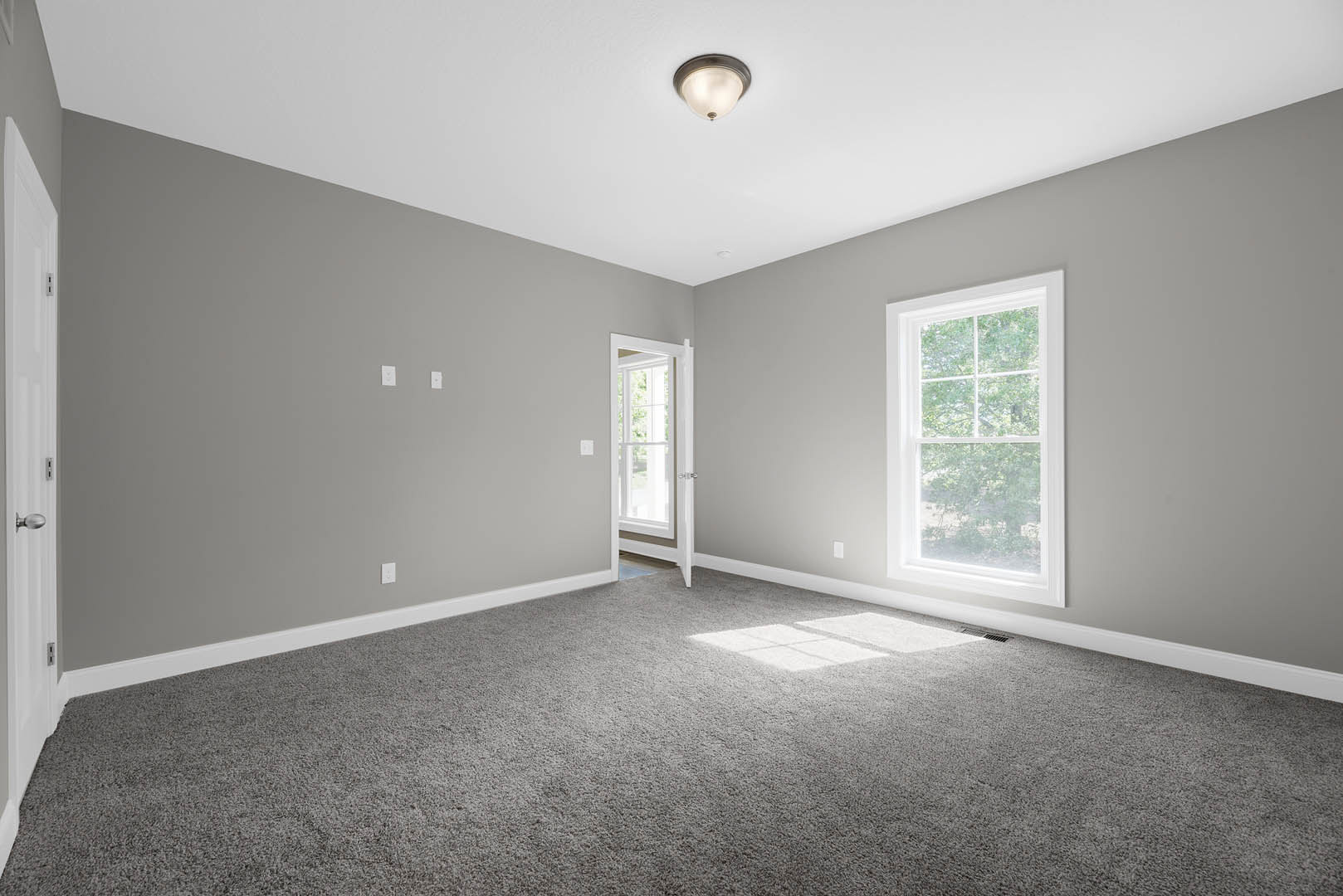 Grey-walled room with light carpet flooring, white door featuring a window, large window overlooking trees, ceiling-mounted light fixture